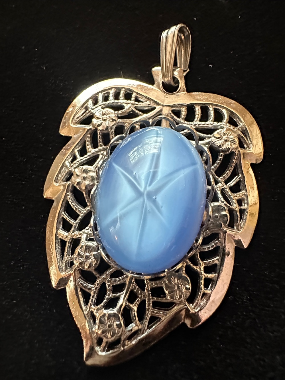 Vintage Blue Starburst Cabochon Filigree Pendant